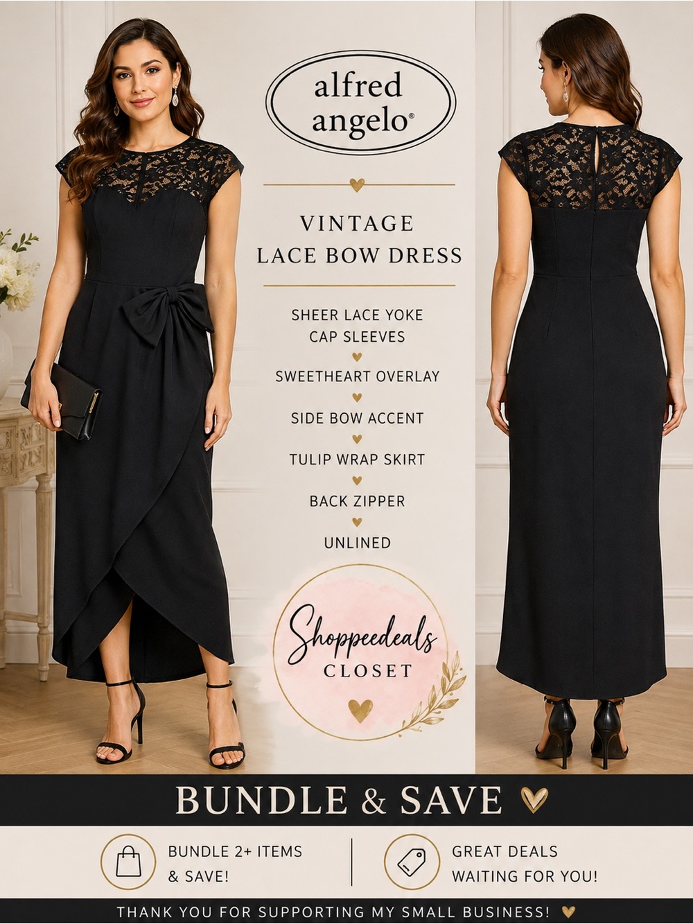 Vintage Alfred Angelo Black Lace Bow Formal Midi Dress Cap Sleeve Sweetheart